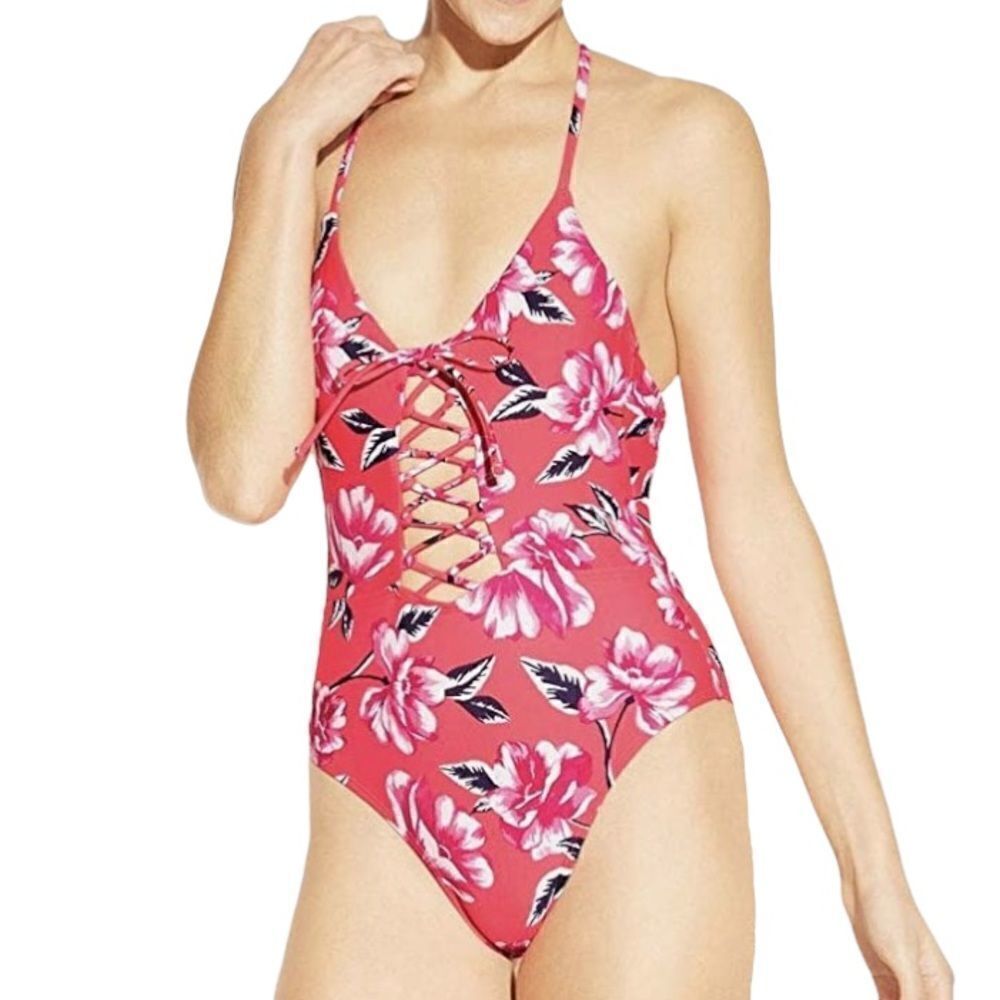 Xhilaration Women's Lace-Up Front Scoop Back One Piece Swimsuit Floral in M